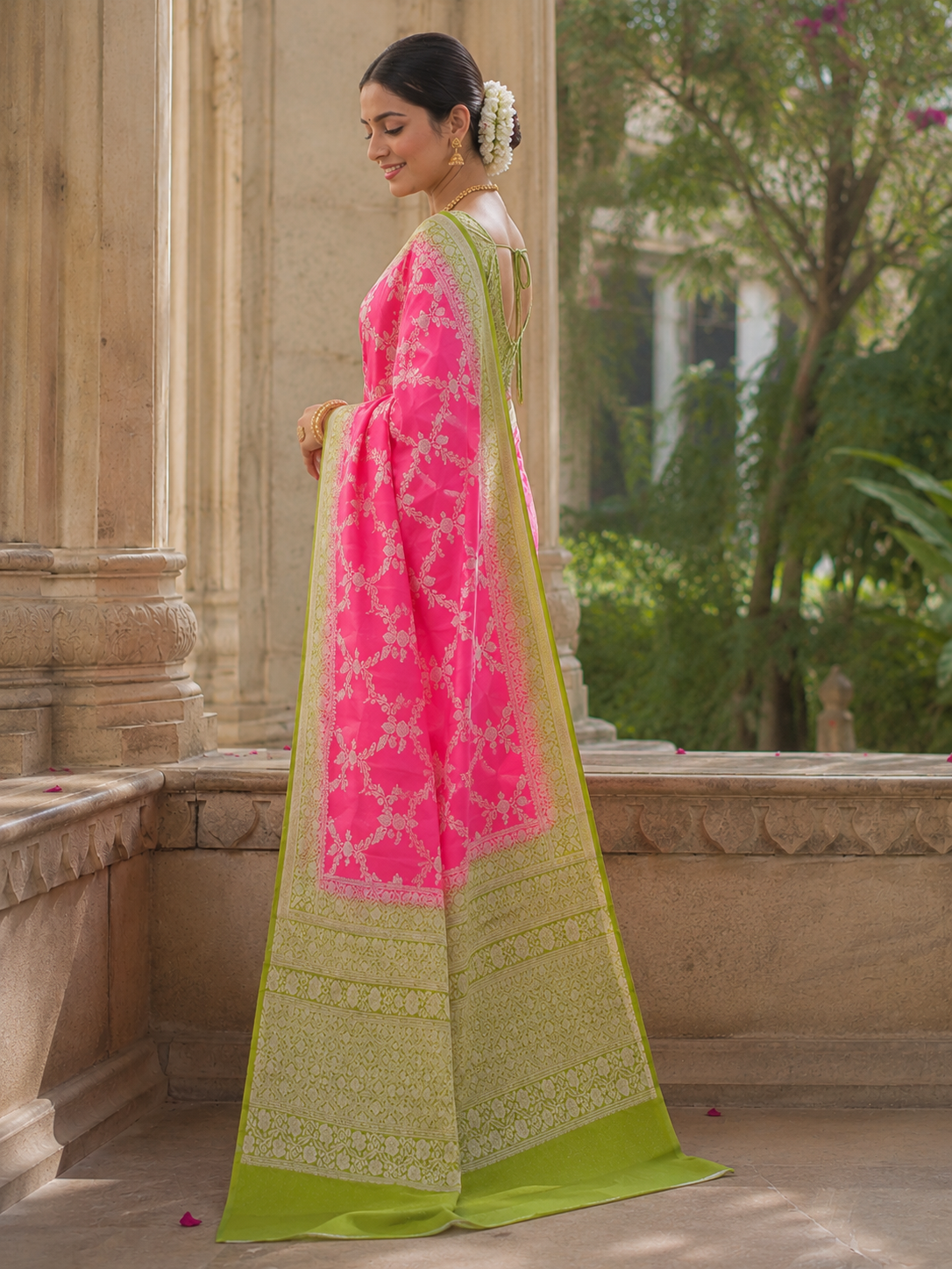 Premium Banarasi Soft Silk Saree – Rani Pink & Pista Green Royal Collection