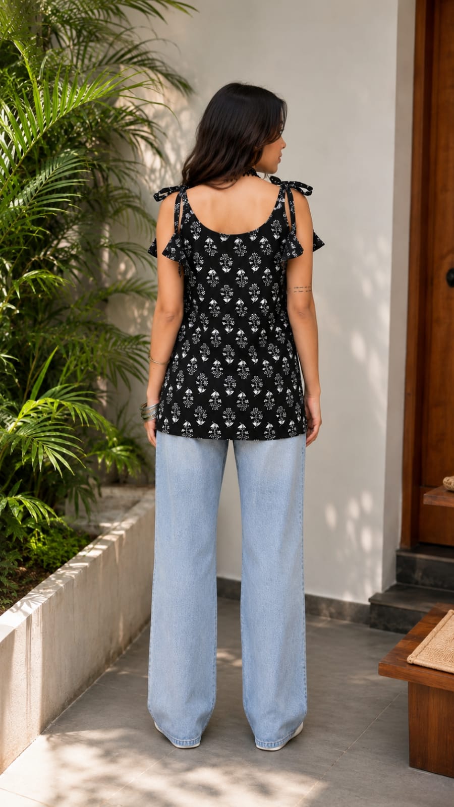 Black Sleeveless Cotton Printed Kurti
