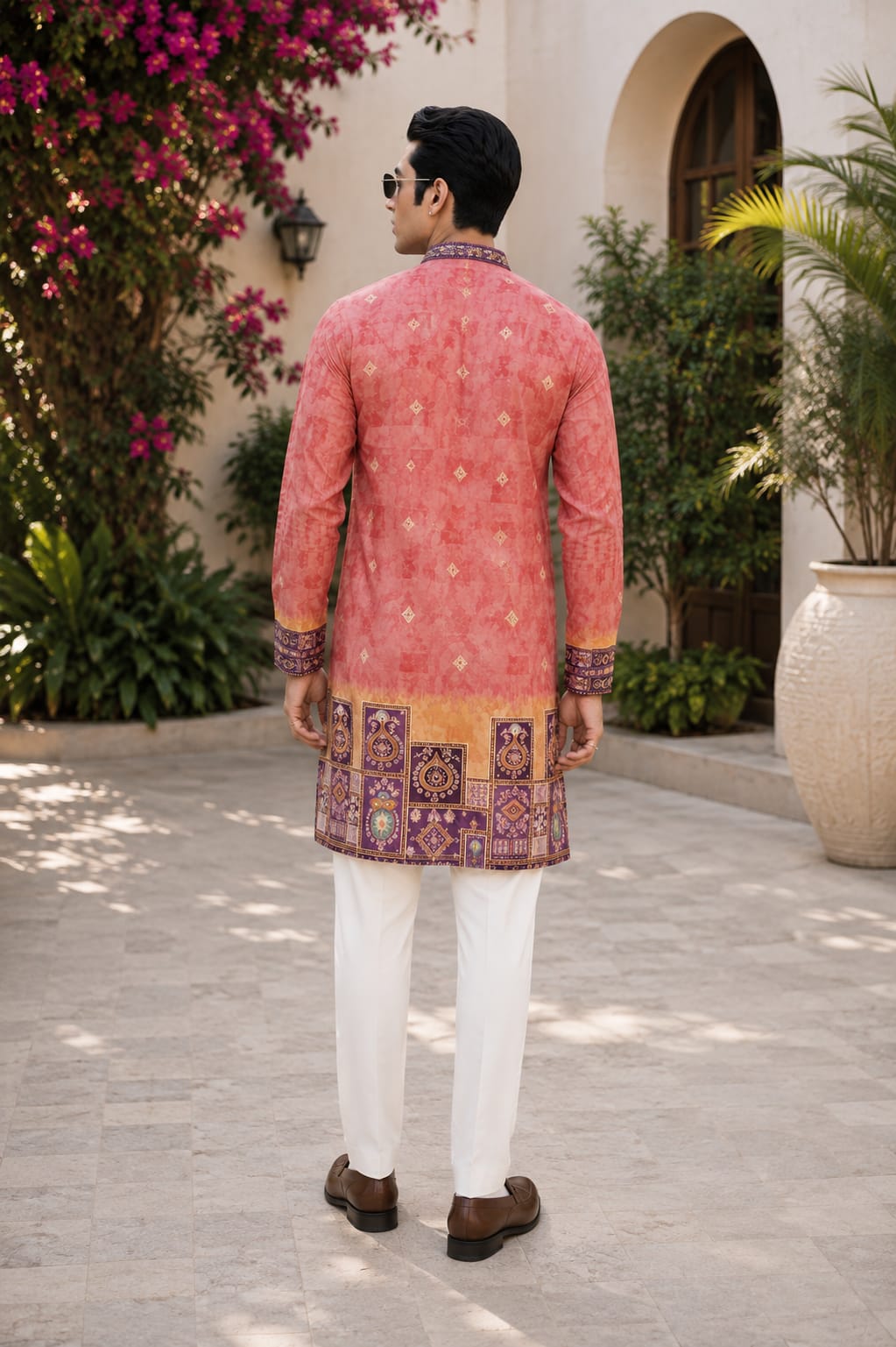 Men's Coral Pink Printed Ethnic Festive Kurta