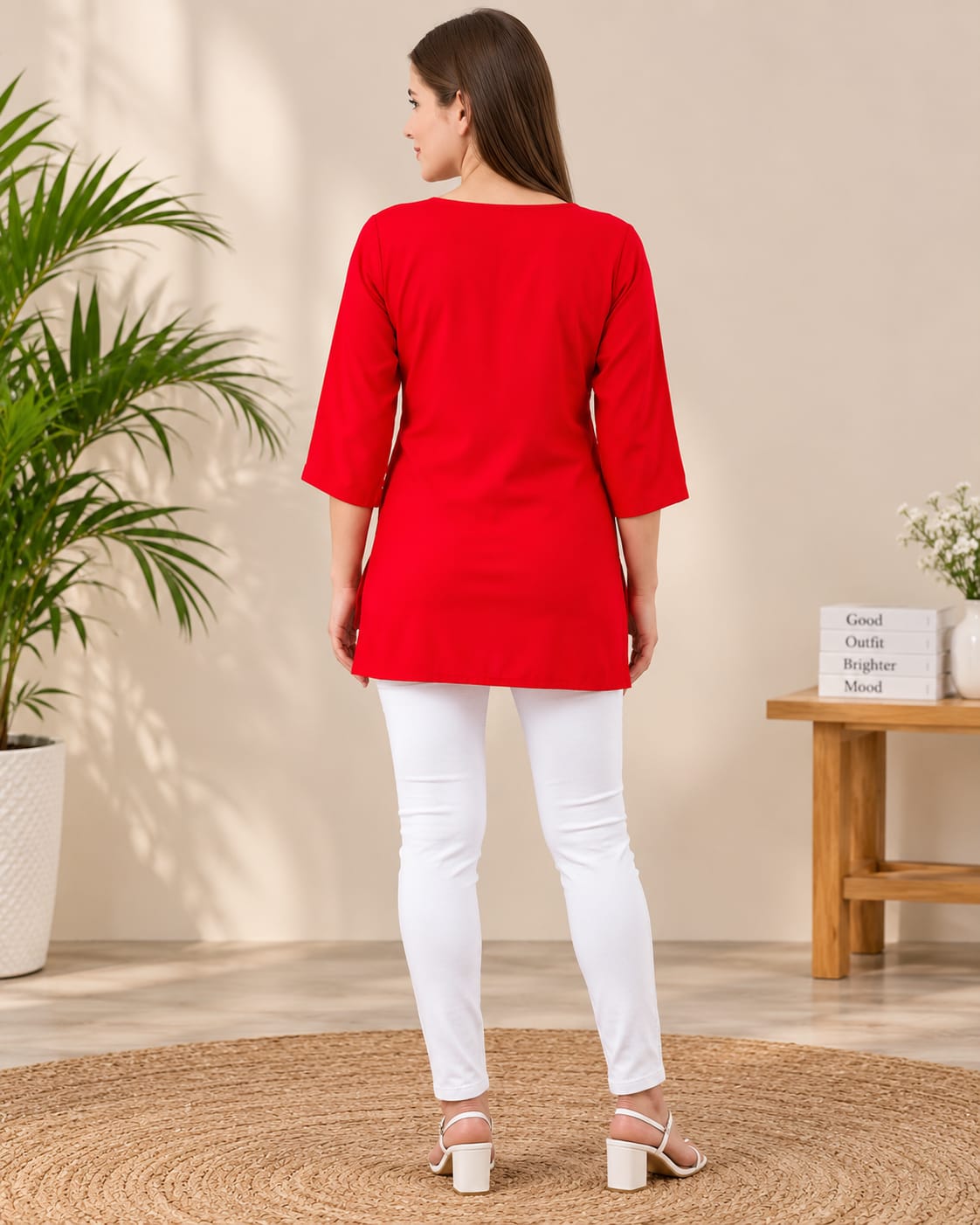 Red Embroidered Printed Kurti
