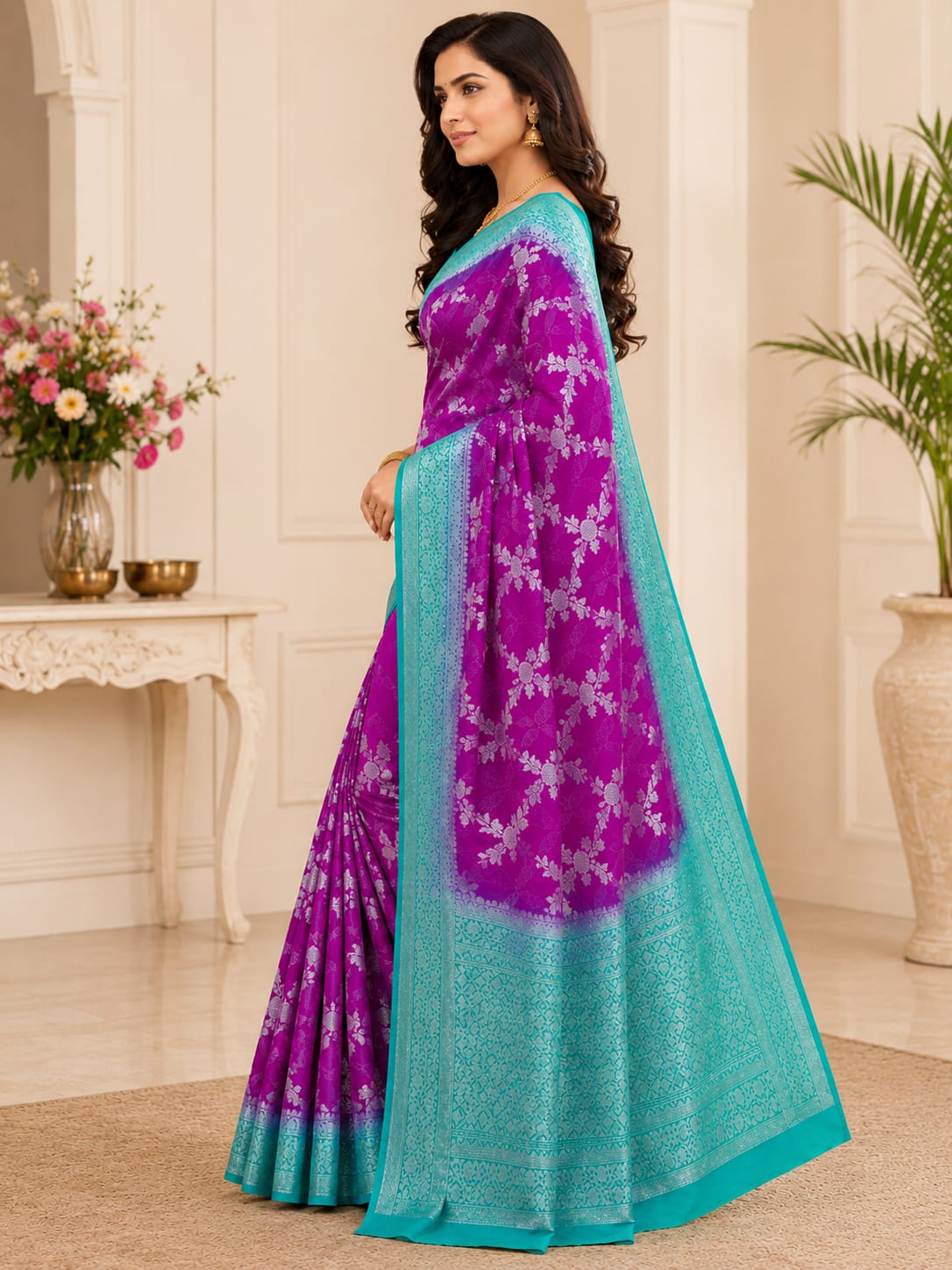 Premium Banarasi Jaal Silk Saree – Royal Magenta & Aqua Blue Collection