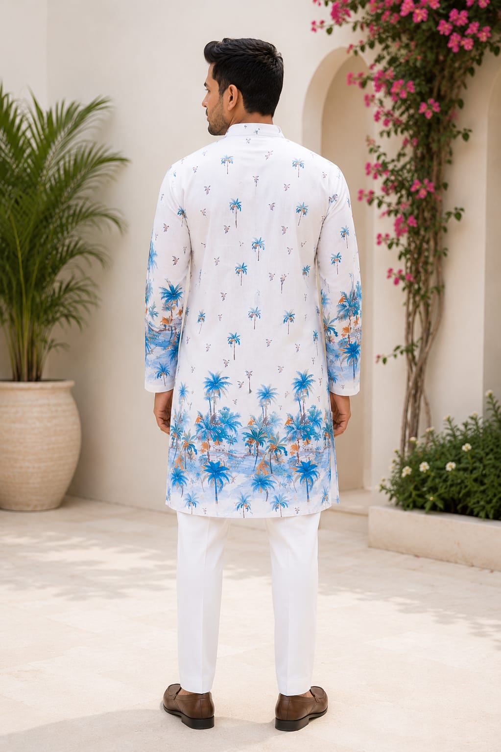 Men's White Blue Palm Tree Printed Festive Kurta