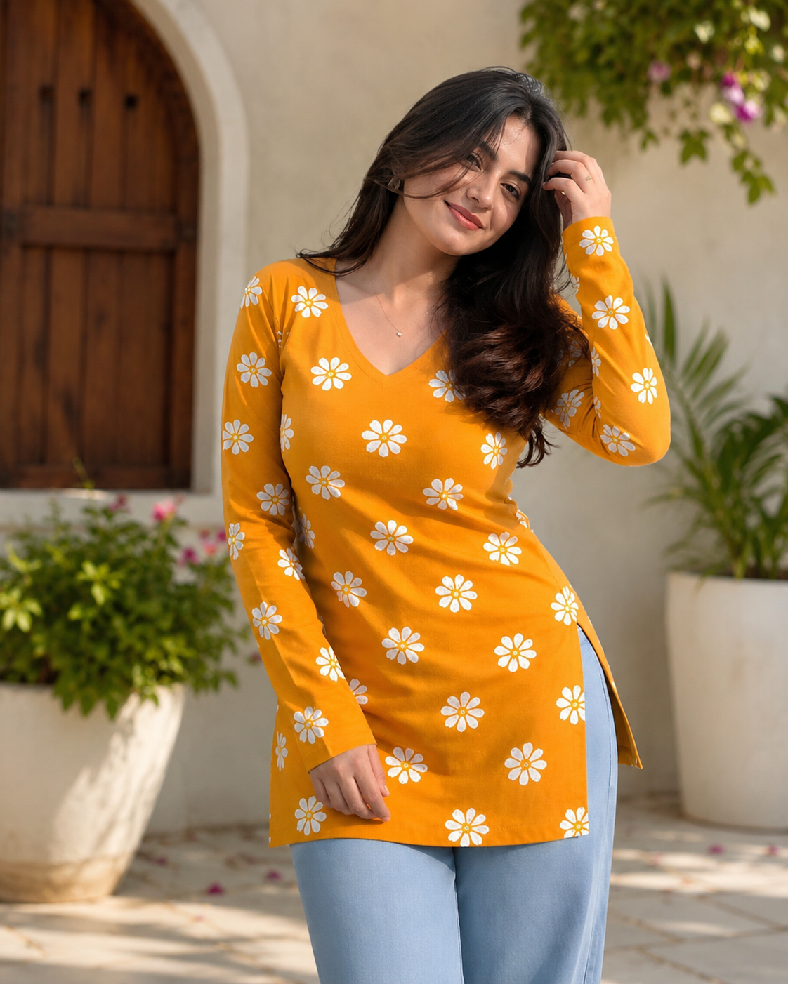 Mustard Floral Cotton kurti