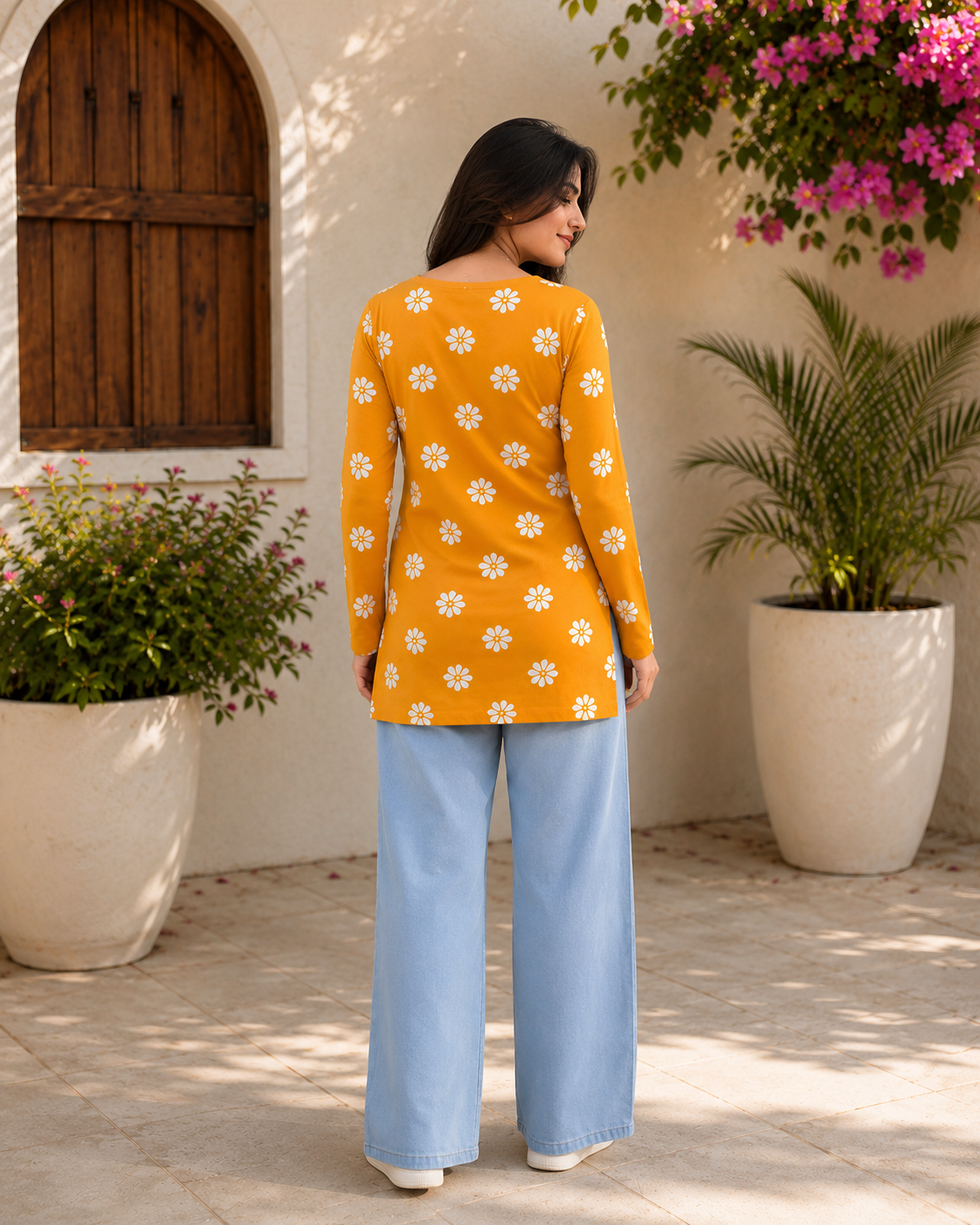 Mustard Floral Cotton kurti