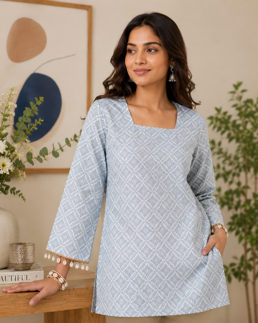 Premium Grey Printed Straight Kurti