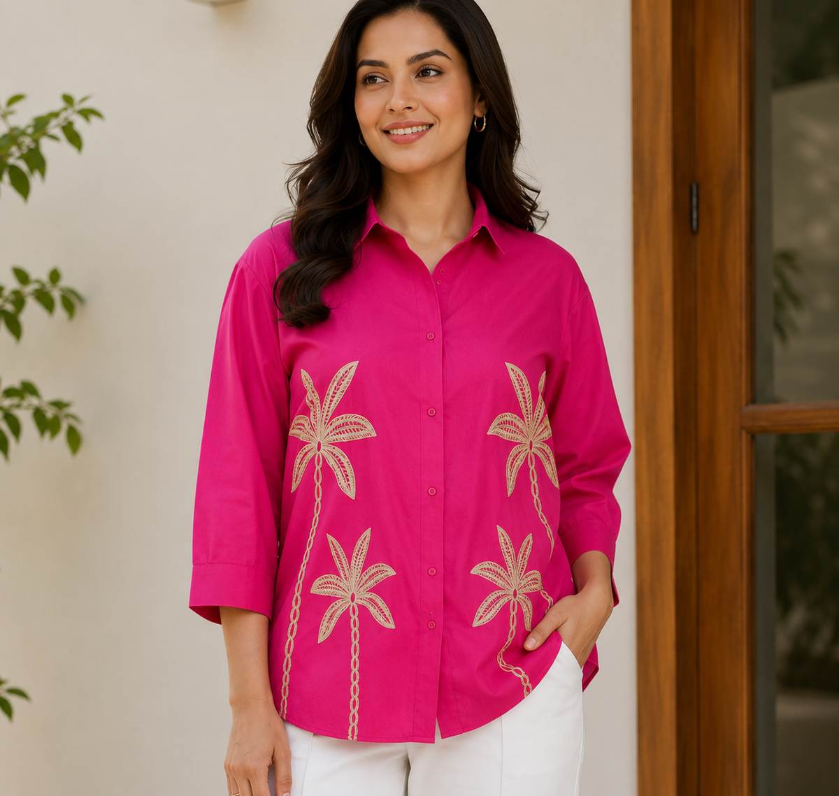 Women's Premium Pink Palm Embroidered Shirt