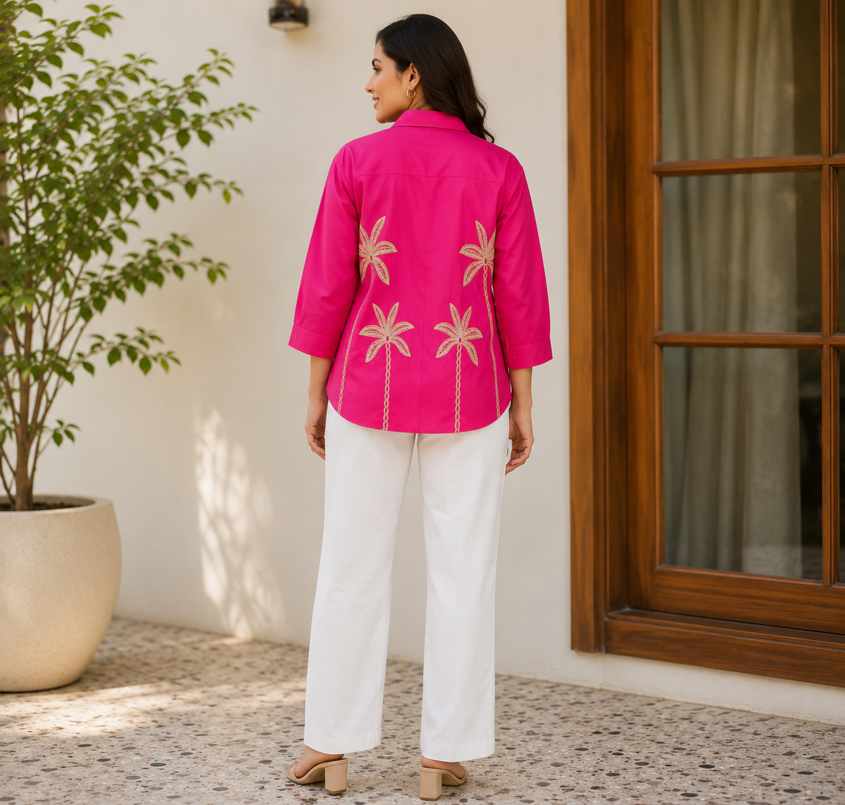 Women's Premium Pink Palm Embroidered Shirt