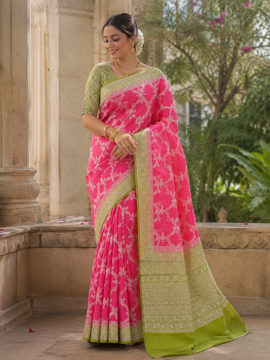 Premium Banarasi Soft Silk Saree – Rani Pink & Pista Green Royal Collection