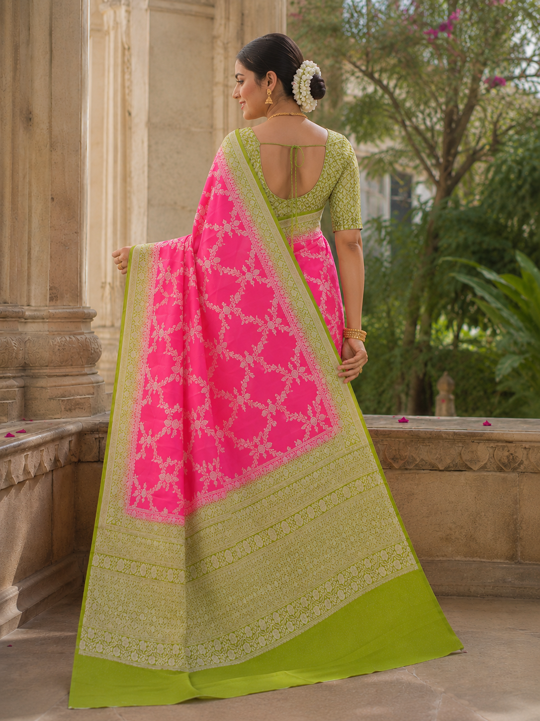 Premium Banarasi Soft Silk Saree – Rani Pink & Pista Green Royal Collection