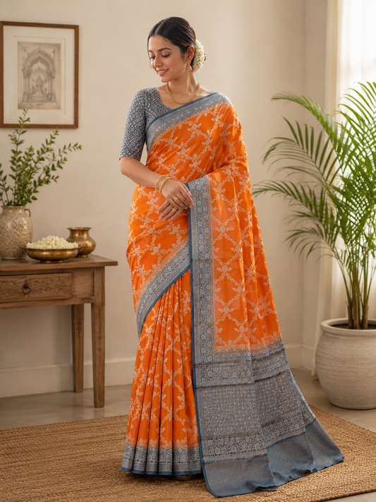 Premium Banarasi Soft Silk Saree – Royal Orange & Steel Grey Heritage Collection