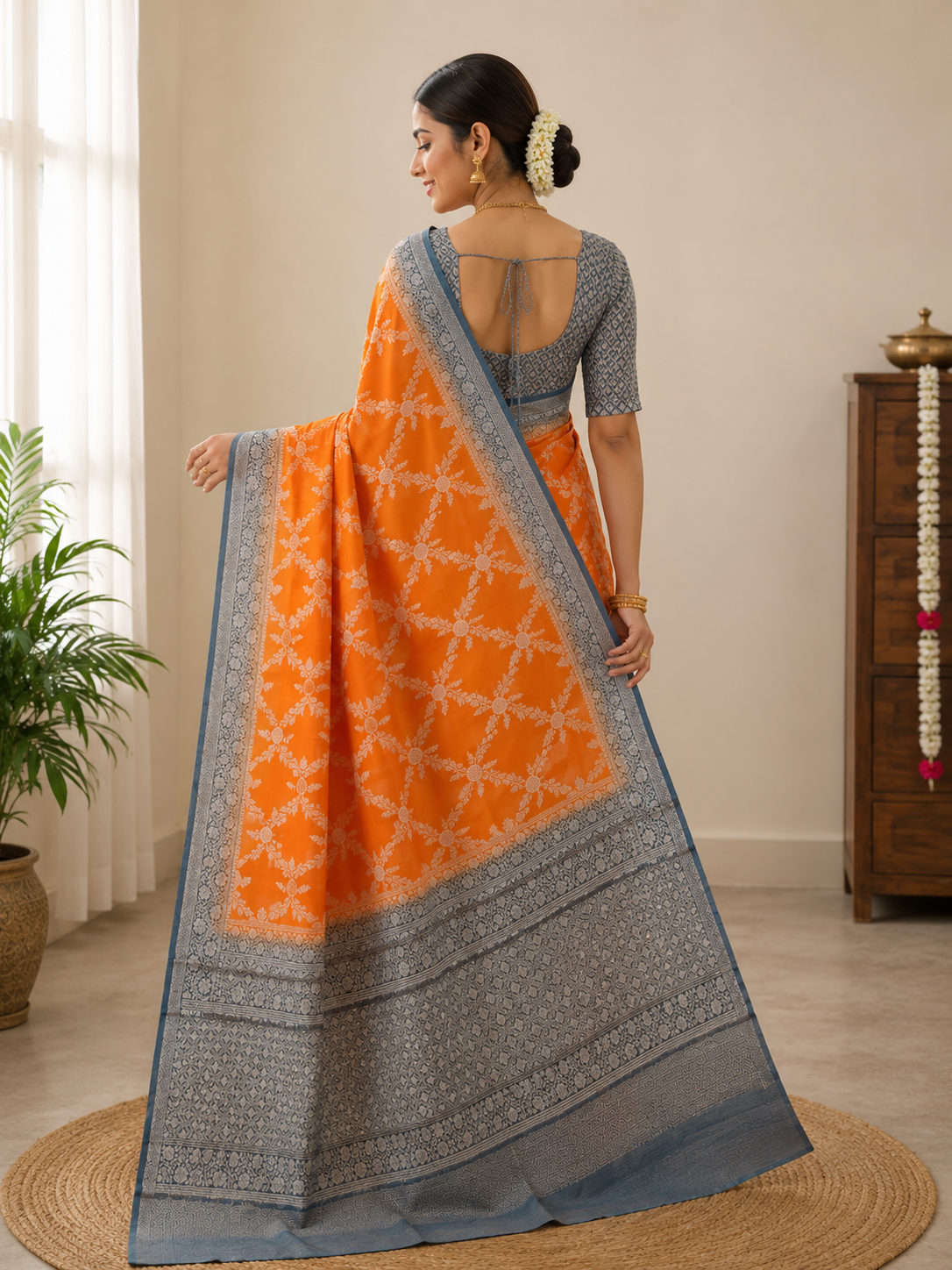Premium Banarasi Soft Silk Saree – Royal Orange & Steel Grey Heritage Collection
