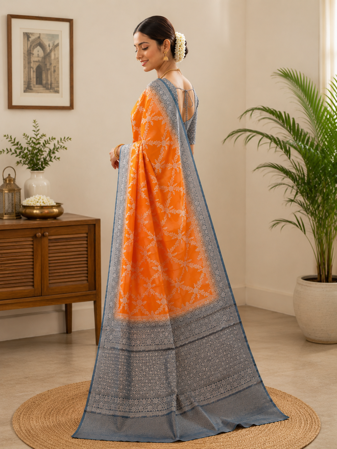 Premium Banarasi Soft Silk Saree – Royal Orange & Steel Grey Heritage Collection