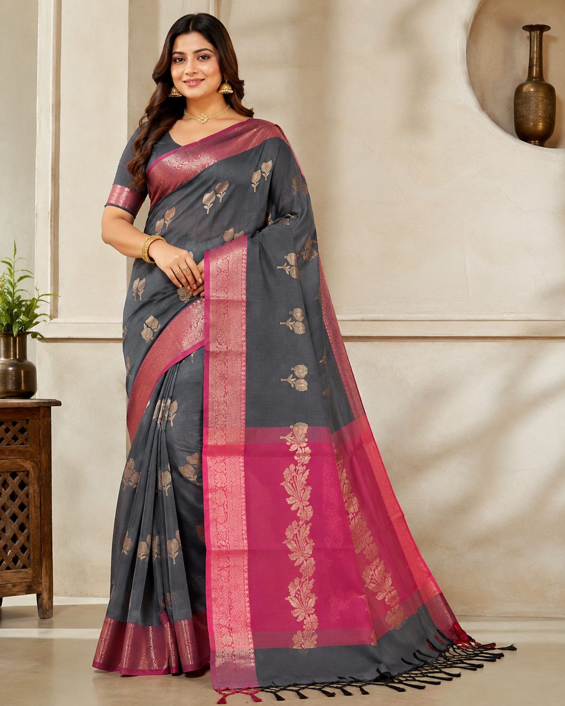 Original Banarasi Soft Silk Saree – Sophisticated Grey & Rani Pink Elegance