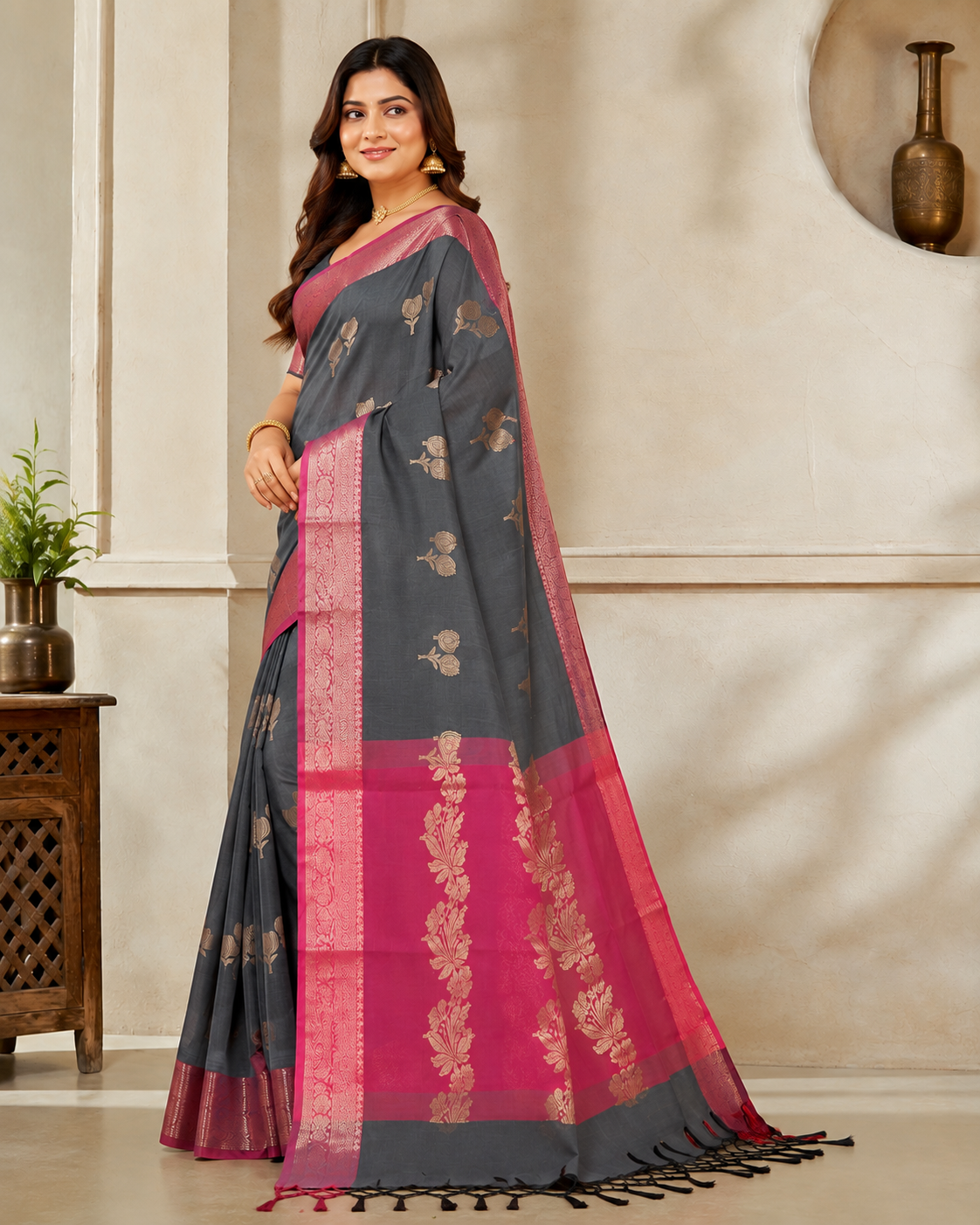 Original Banarasi Soft Silk Saree – Sophisticated Grey & Rani Pink Elegance