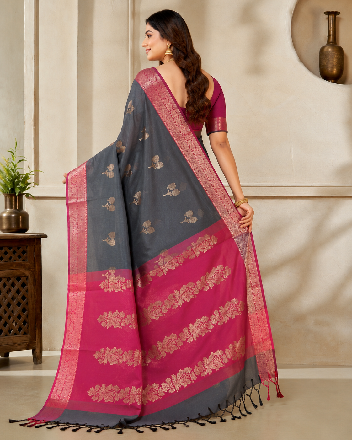 Original Banarasi Soft Silk Saree – Sophisticated Grey & Rani Pink Elegance