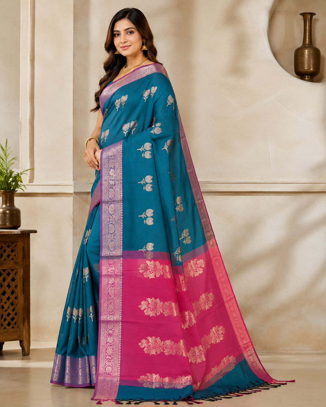 Premium Banarasi Soft Silk Saree – Peacock Blue & Rani Pink Collection