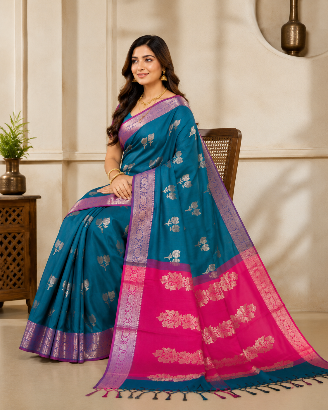 Premium Banarasi Soft Silk Saree – Peacock Blue & Rani Pink Collection