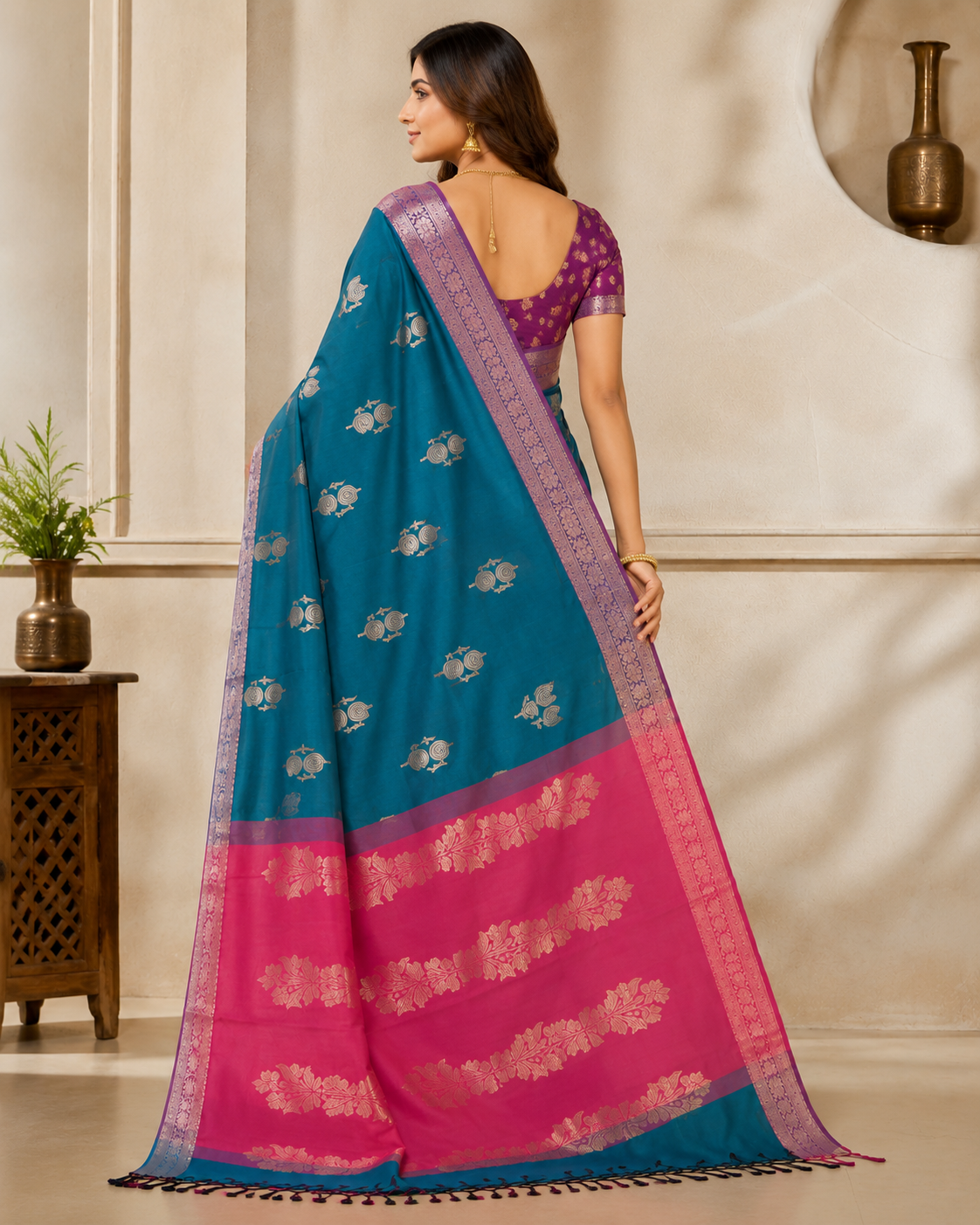 Premium Banarasi Soft Silk Saree – Peacock Blue & Rani Pink Collection