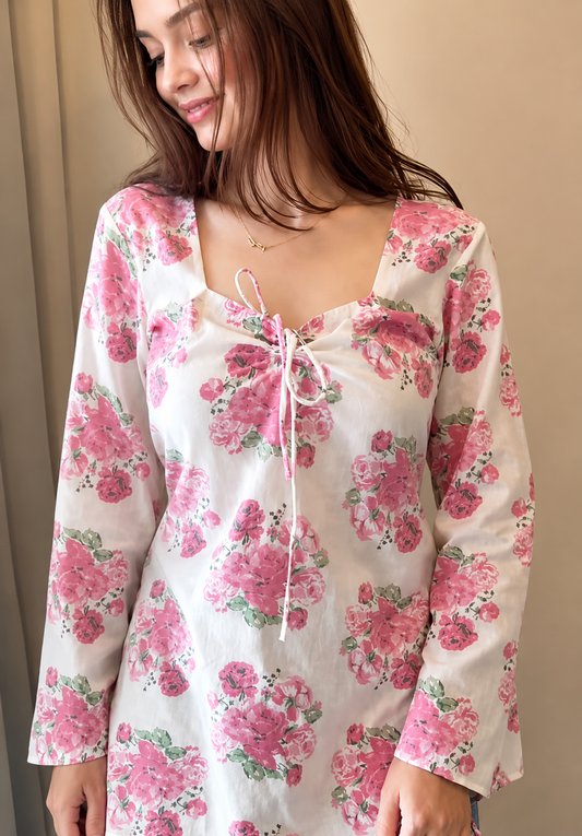 Floral Lace-Up Cotton Kurti