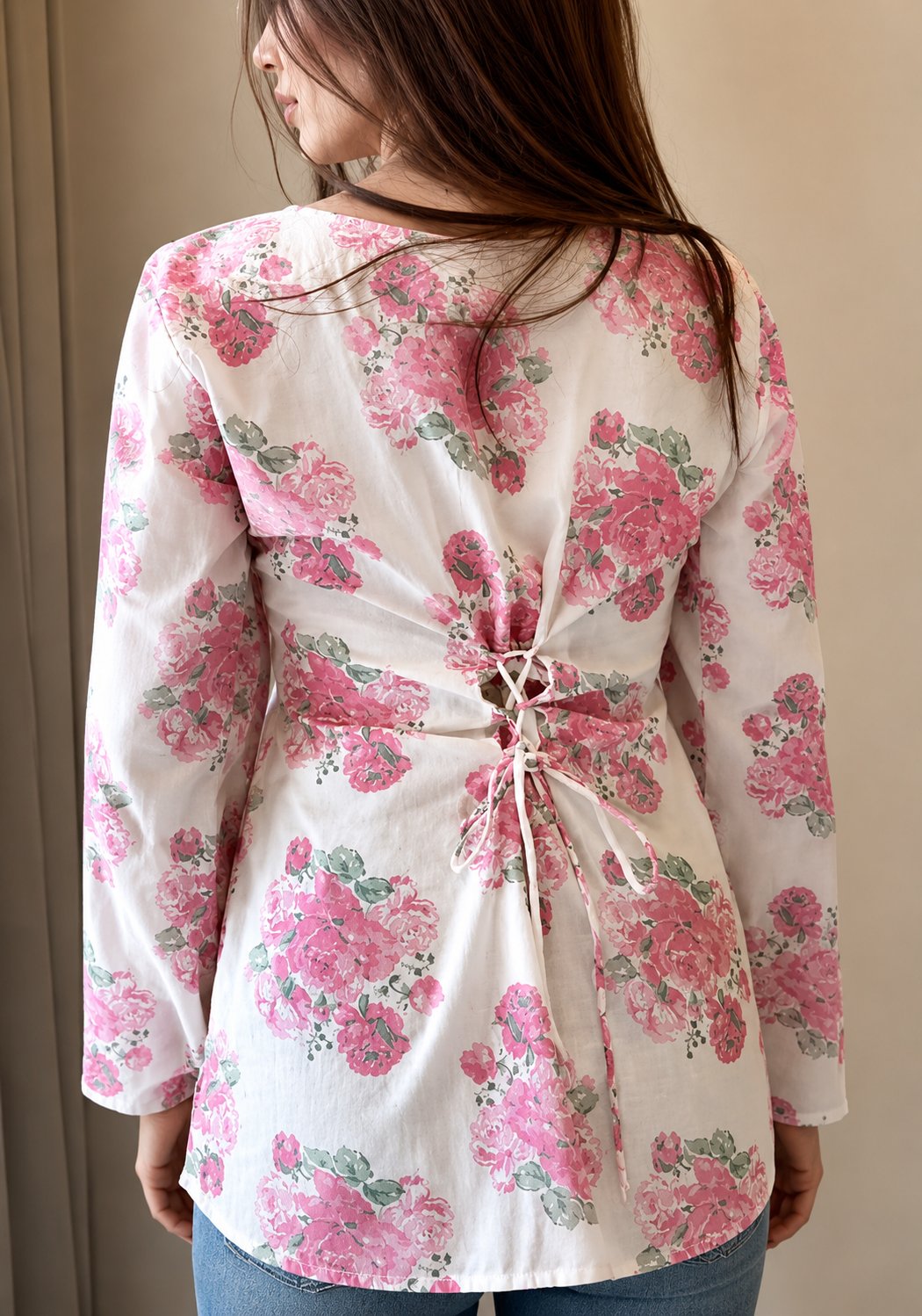 Floral Lace-Up Cotton Kurti