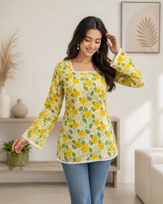 NEW ARRIVALS 🌼 Sunshine Bloom Printed Short Kurti