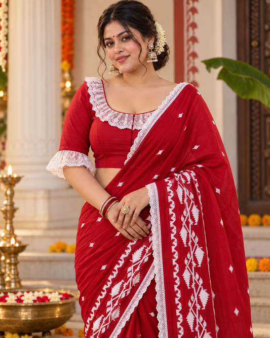 Bengali-Inspired Cotton Red Khadi Saree
