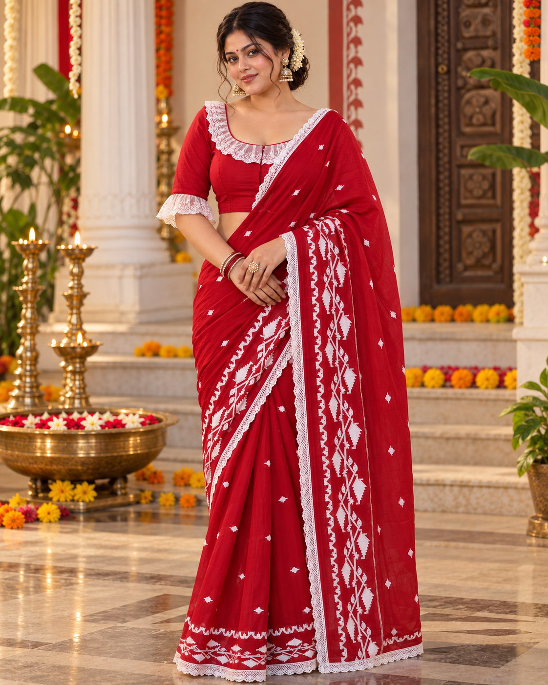 Bengali-Inspired Cotton Red Khadi Saree