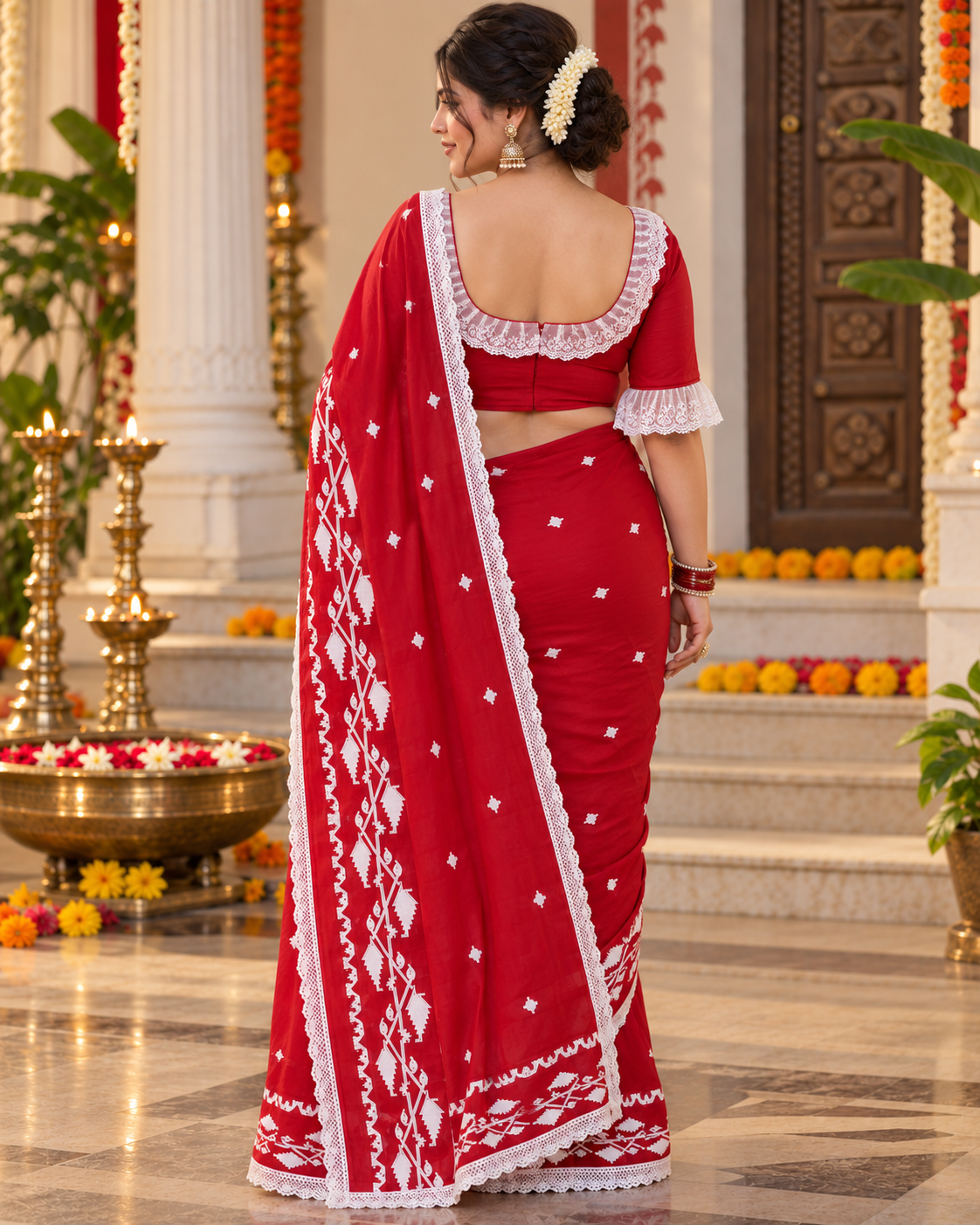 Bengali-Inspired Cotton Red Khadi Saree