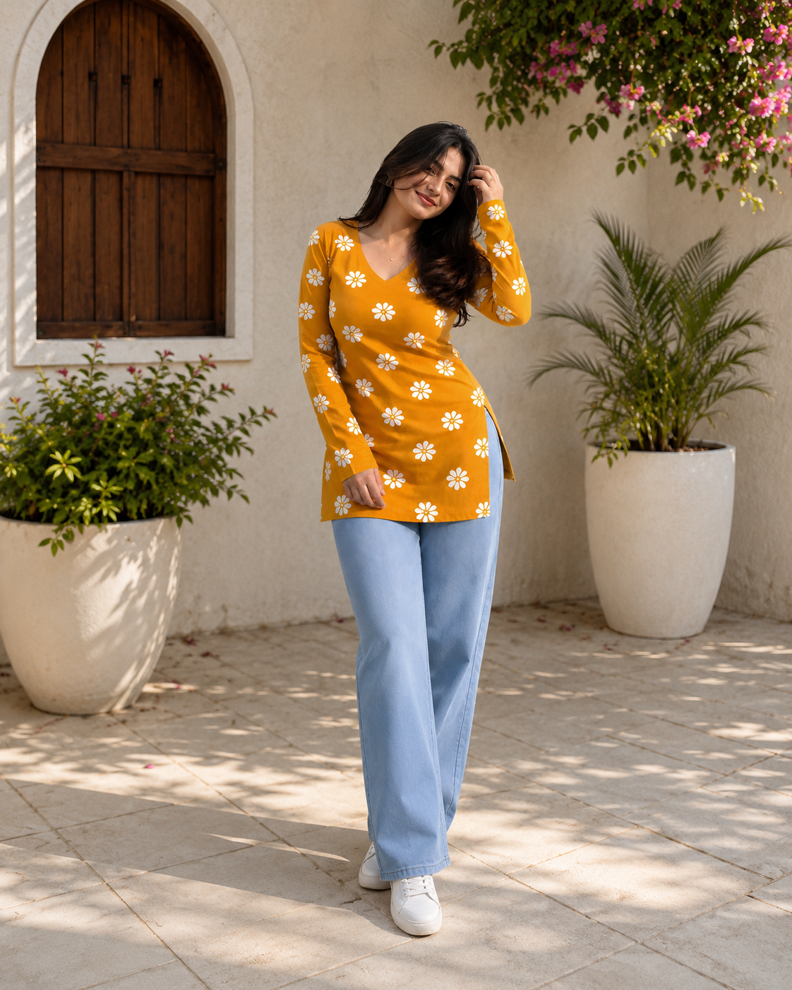 Mustard Floral Cotton kurti