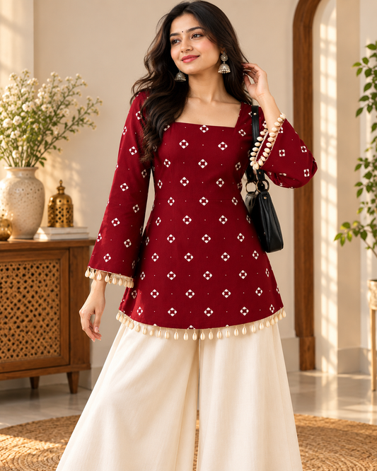 Maroon Printed Cotton Kurti