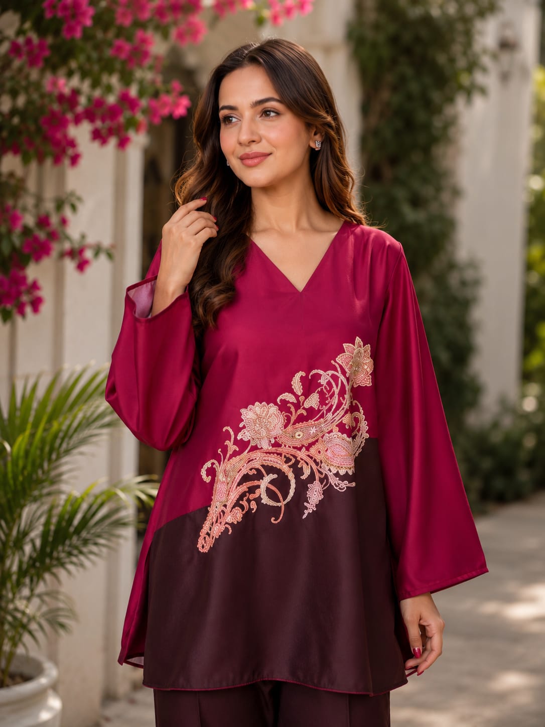 Luxe Wine Embroidered Co-Ord Set