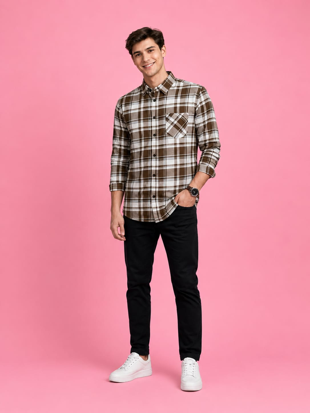 Brown & White Premium Checkered Cotton Shirt