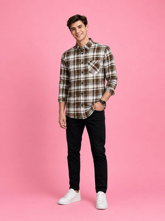 Brown & White Premium Checkered Cotton Shirt