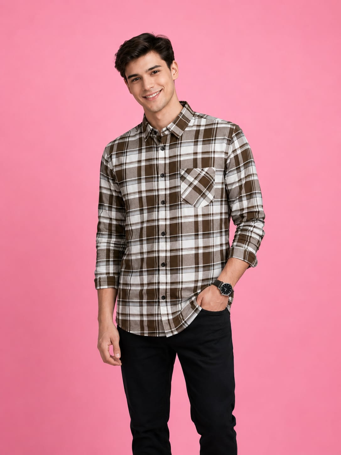 Brown & White Premium Checkered Cotton Shirt