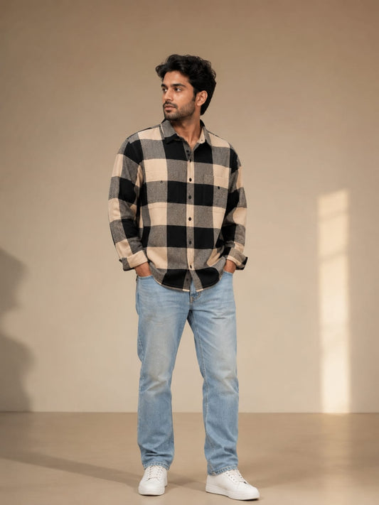 Men's Premium Black & Beige Checkered Shirt