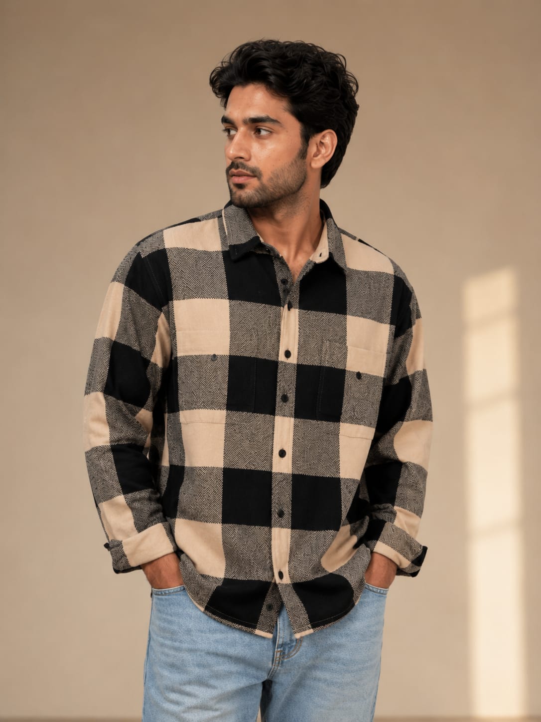 Men's Premium Black & Beige Checkered Shirt
