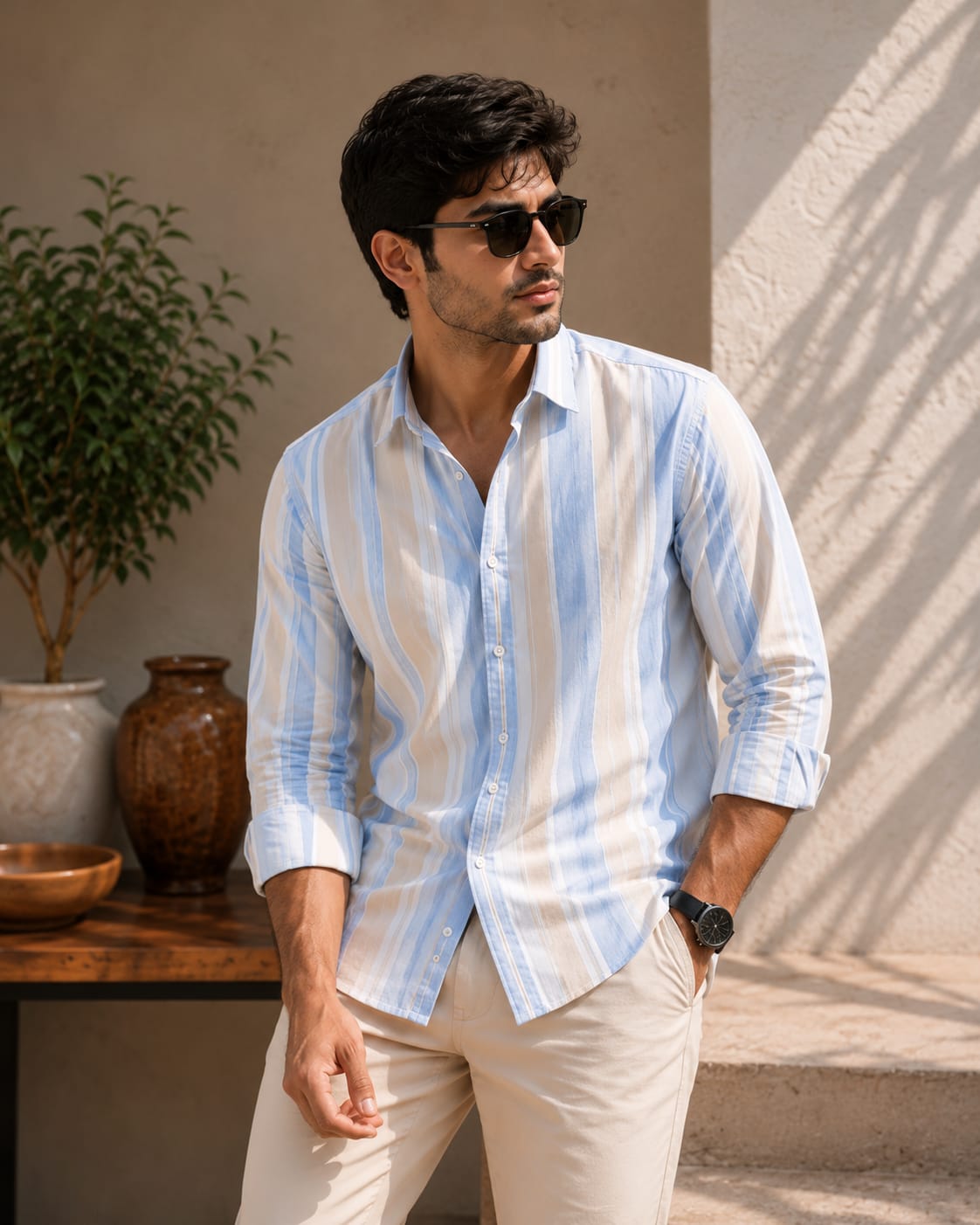 Premium Sky Blue Striped Casual Shirt