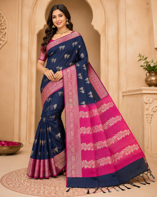 Original Banarasi Soft  Silk Saree – Royal Navy Blue Elegance