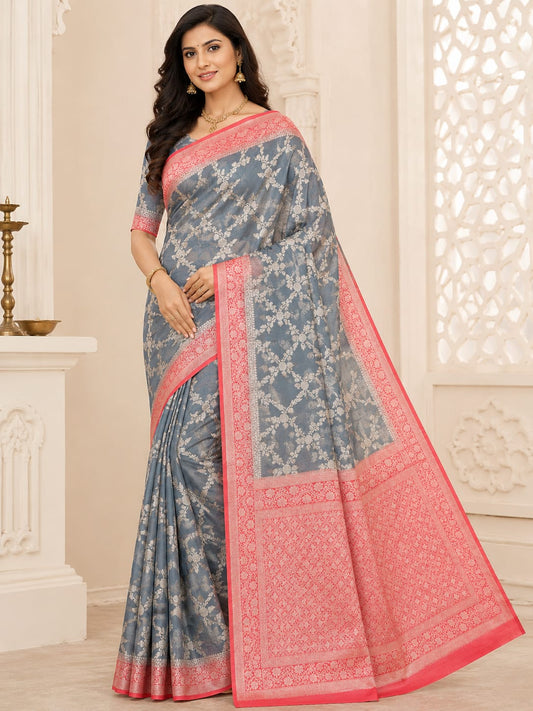 Premium Banarasi Soft Silk Saree – Silver Grey & Blush Pink Royal Collection