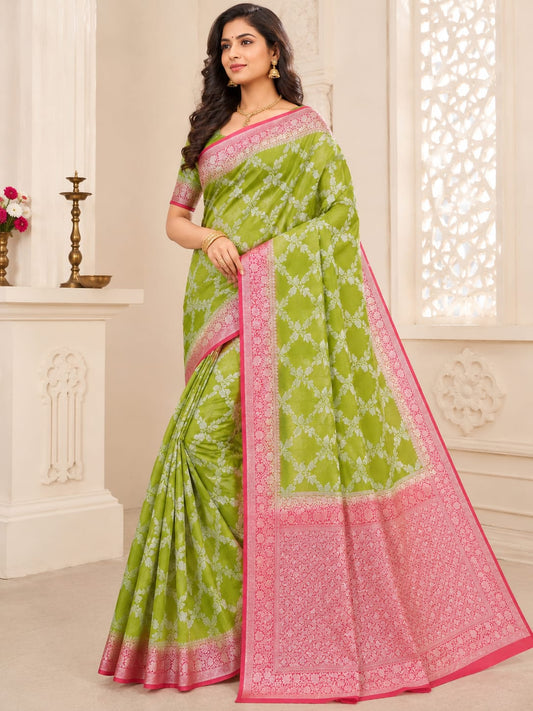 Premium Banarasi Jaal Silk Saree – Pista Green & Baby Pink Royal Collection