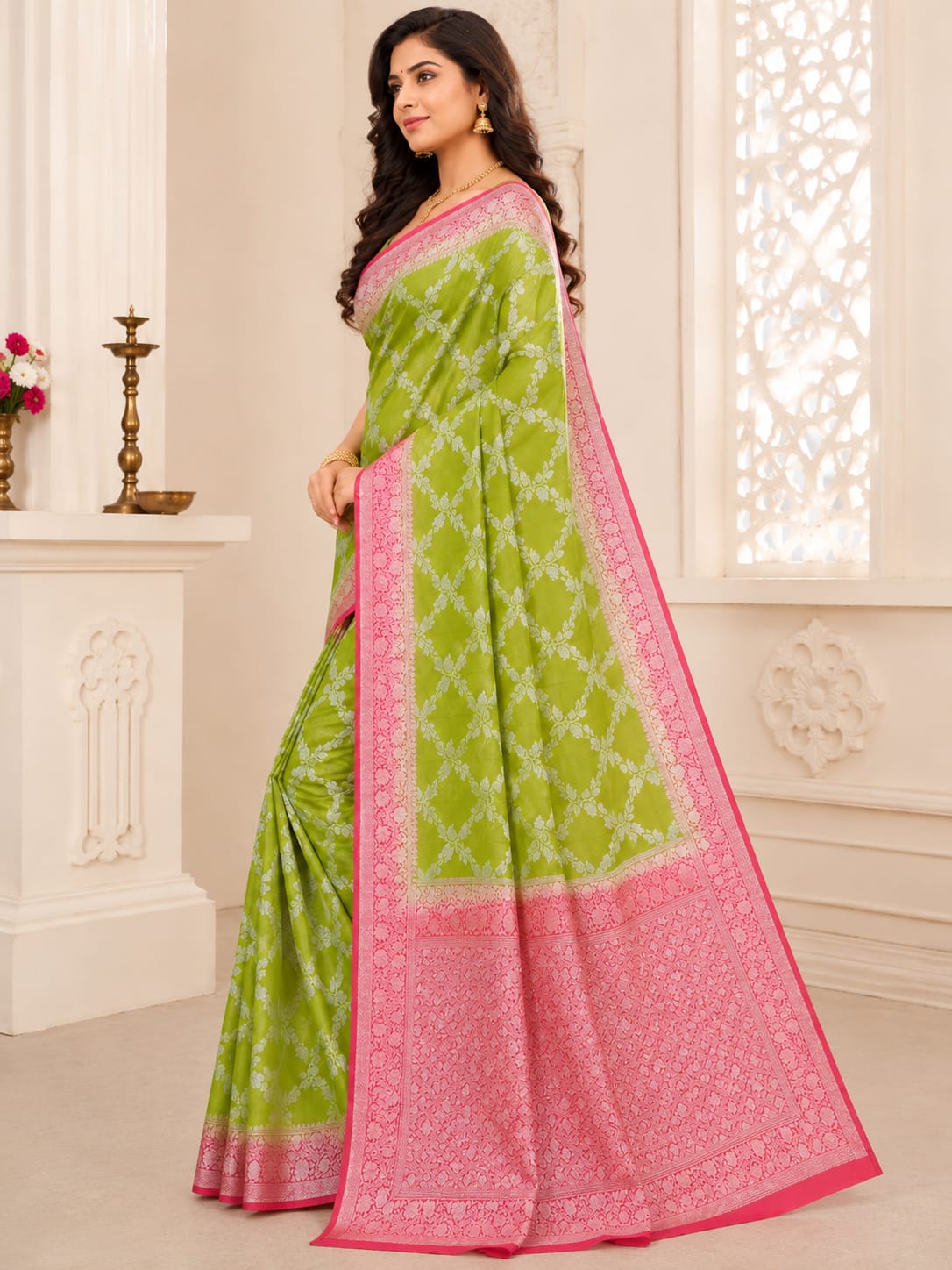 Premium Banarasi Jaal Silk Saree – Pista Green & Baby Pink Royal Collection