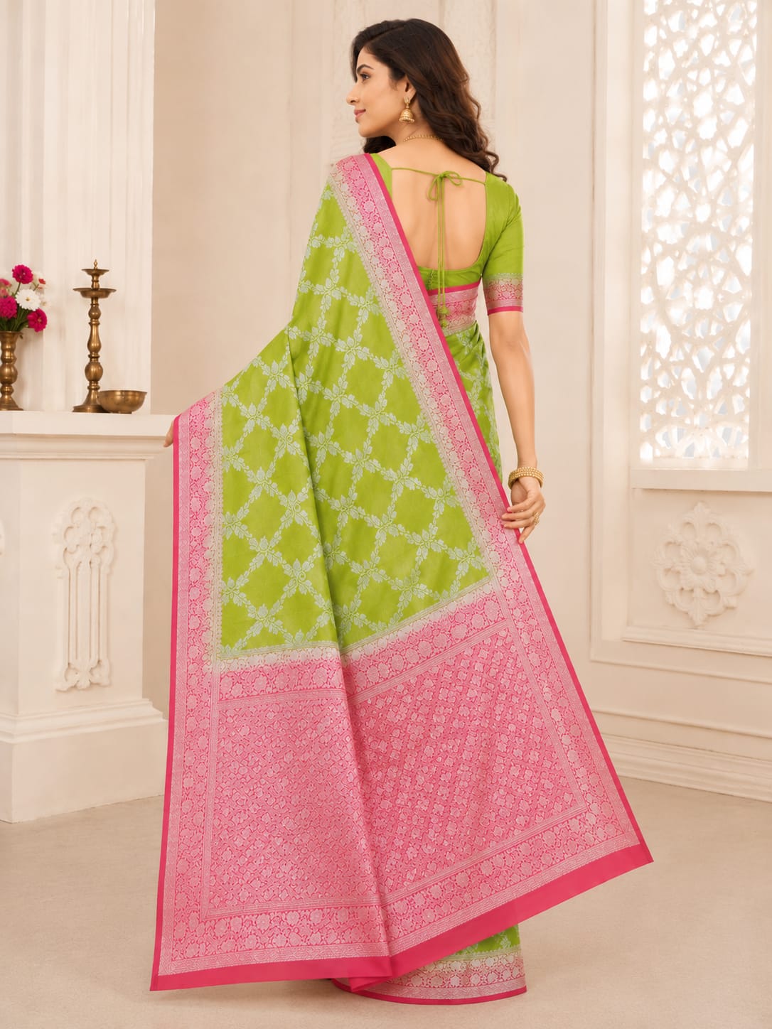 Premium Banarasi Jaal Silk Saree – Pista Green & Baby Pink Royal Collection