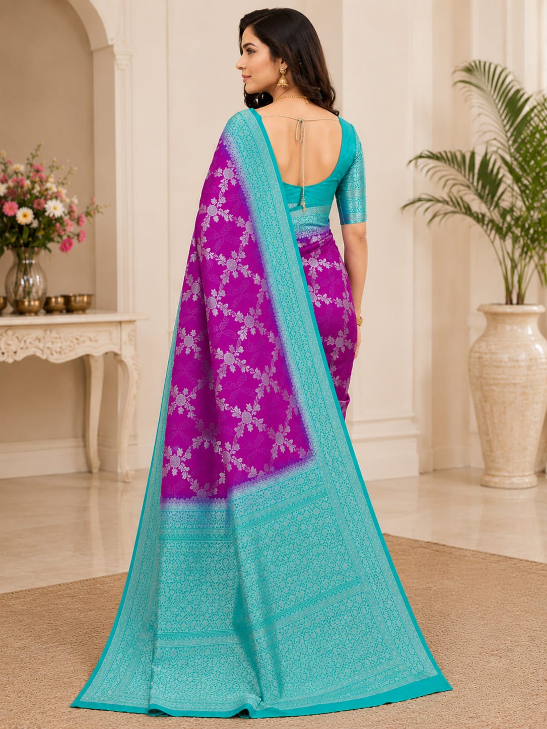 Premium Banarasi Jaal Silk Saree – Royal Magenta & Aqua Blue Collection