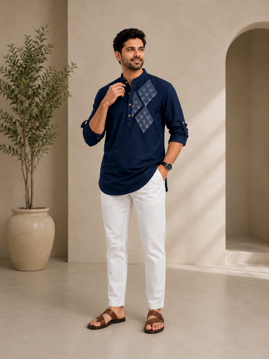 Men's Premium Navy Blue Embroidered Cotton Kurta