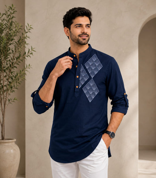 Men's Premium Navy Blue Embroidered Cotton Kurta