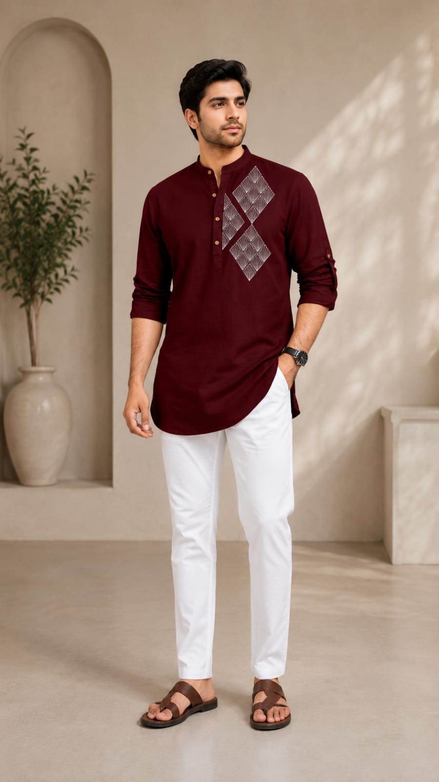 Men's Premium Maroon Embroidered Cotton Kurta