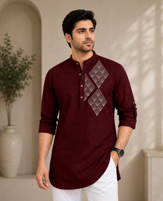 Men's Premium Maroon Embroidered Cotton Kurta
