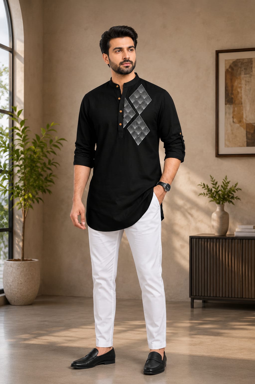 Men's Premium Black Embroidered Cotton Kurta