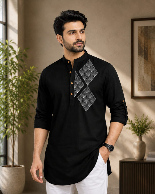 Men's Premium Black Embroidered Cotton Kurta