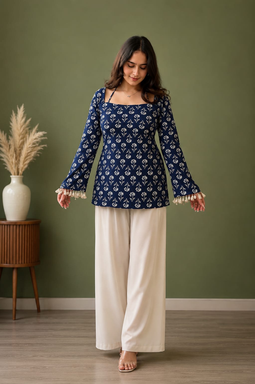 NEW ARRIVALS-Navy Blue Printed Bell Sleeve Top
